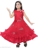 kids girls dress new model premium quality net fabric below knee length fit and flare design round neck full sleeves India