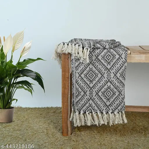 Grey plush cotton throw blanket, perfect for couch, bed, and sofa chair, soft and warm, abstract print design, single layer, 50x60 inches