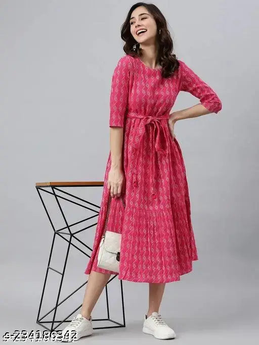 Pink cotton blend kurta with GulabiNagri CC print, featuring three-quarter sleeves, women's fashion, Indian apparel