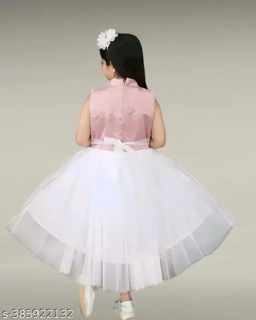 White net party dress, embellished, three-quarter sleeves, two-color (pink and white), knee-length, for kids ages 9-10 years. Indian-origin children's wear