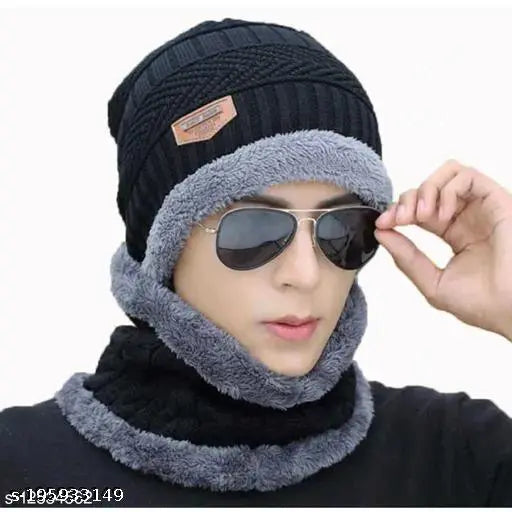 Ultra-soft woolen unisex beanie & muffler scarf, soft textured knit, India-made winter accessory