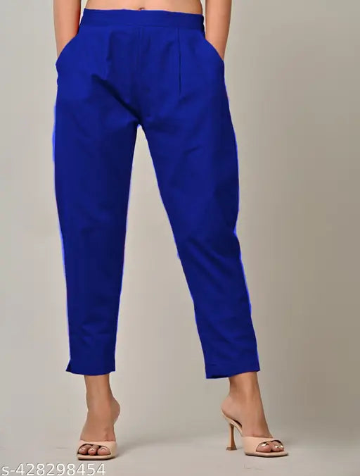 Royal blue, cotton women's everyday wear casual elastic waist trousers. Pack of two