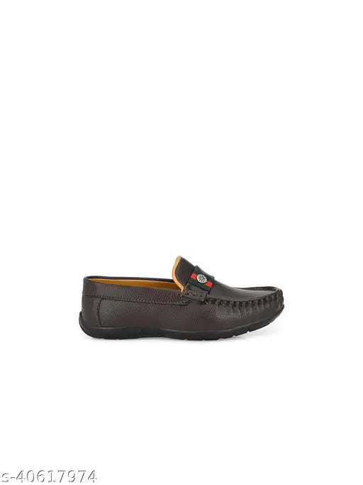 Brown leather loafers with black trim, flat sole
