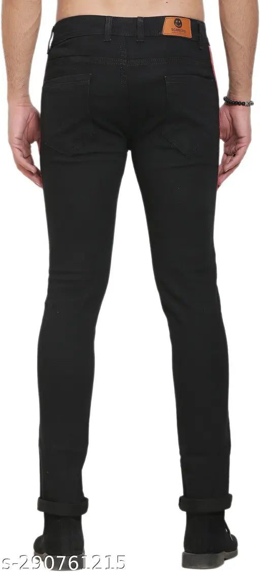 Sobbers men's black poly cotton solid side-stripe jeans, comfortable and stretchable for casual or special occasions. High-quality fabric, suitable for sizes 28, 30, 32, 34, 36, made in India
