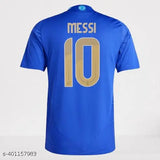 Blue polycotton Argentina Messi Copa America 2024 away jersey, short sleeves with net print pattern. Sized for S (36in chest, 26in length), M (38in chest, 27in length), L (40in chest, 28in length), XL (42in chest, 29in length). Wear soccer greatness