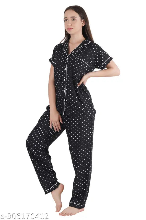 Black Rayon Printed Polka Dot Night Suit for Girls (Top & Bottom) - ARUSHI - Stylish & Comfortable Women's Nightwear
