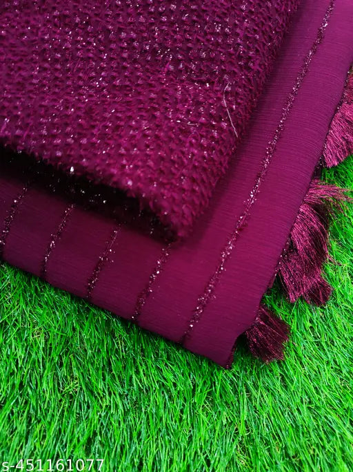 Maroon fringed chiffon sari fabric