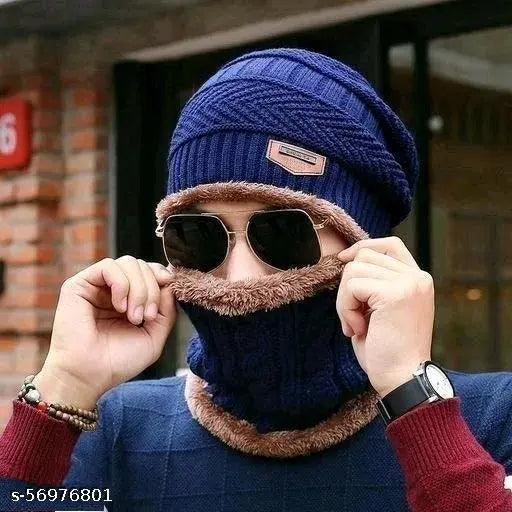 Navy wool beanie cap with muffler, self-design unisex beanie suitable for both men and women, soft fur inner lining for comfort