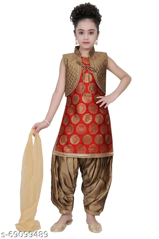 A-line art silk kurta sets for girls, self-design sleeveless with dupatta, 8-9 years, India