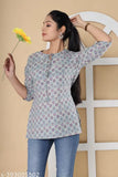 Grey cotton top with ethnic motifs, three-quarter sleeves, women's casual wear from SurajaFashion, printed net pattern, made in India