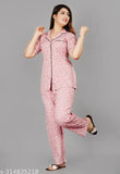 Printed pink rayon night suit set for women, short-sleeved top and bottom pyjamas with matching design, available in L, XXL, and XXXL sizes