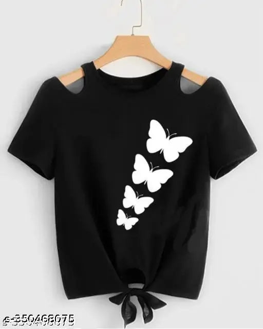 Black Lycra shoulder cut crop top with butterfly print for women, trendy fashion accessory