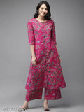 Rayon printed net kurta set with palazzos for fashionable women, three-quarter sleeves, India origin