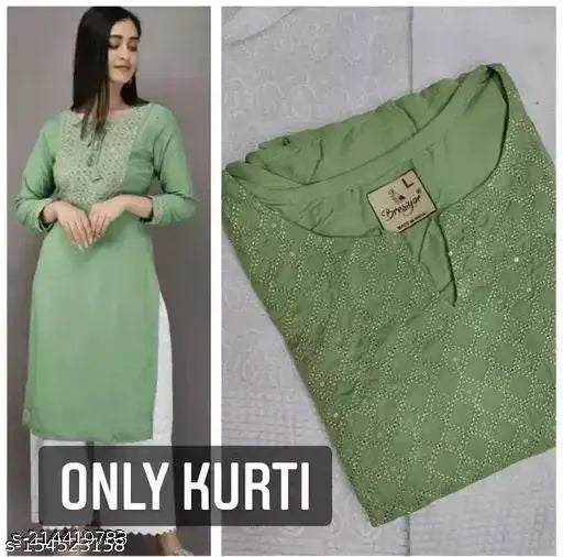 Embroidered rayon kurti in vibrant Indian design, three-quarter sleeve length, available in sizes S-XXL