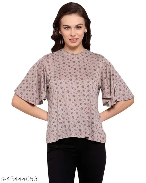 Beige floral printed cotton blend A-line top with high neck and flared sleeves by Style Quotient