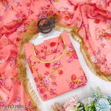 Peach dupatta set with embroidery, lace ends, for women