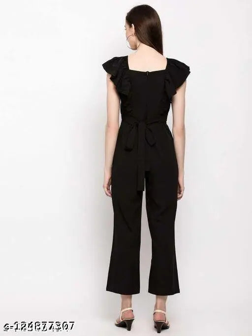 Black crepe sleeveless jumpsuit for women, trending fashion on mannequin
