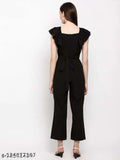 Black crepe sleeveless jumpsuit for women, trending fashion on mannequin