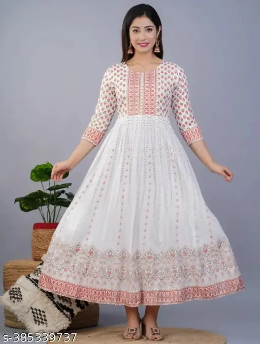 White and red traditional anarkali kameez with flared sleeves
