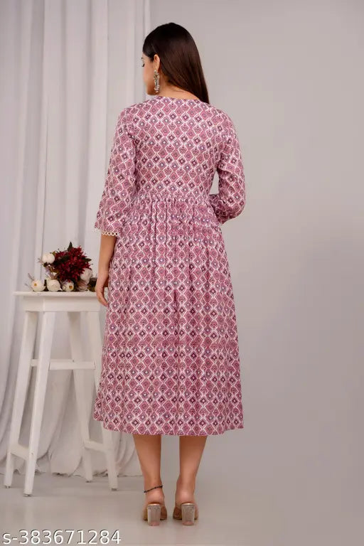 A VORCIA FEBTEXWomens Printed Rayon Anarkali Maternity Gown, designed for pre and post pregnancy wear, with a zipper on the side