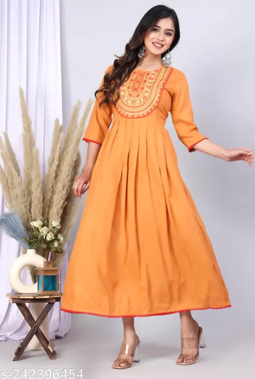 Rayon embroidered round kurti, three-quarter sleeves, m size (38in bust, 48in length), ideal for maternity wear - Indian fashion