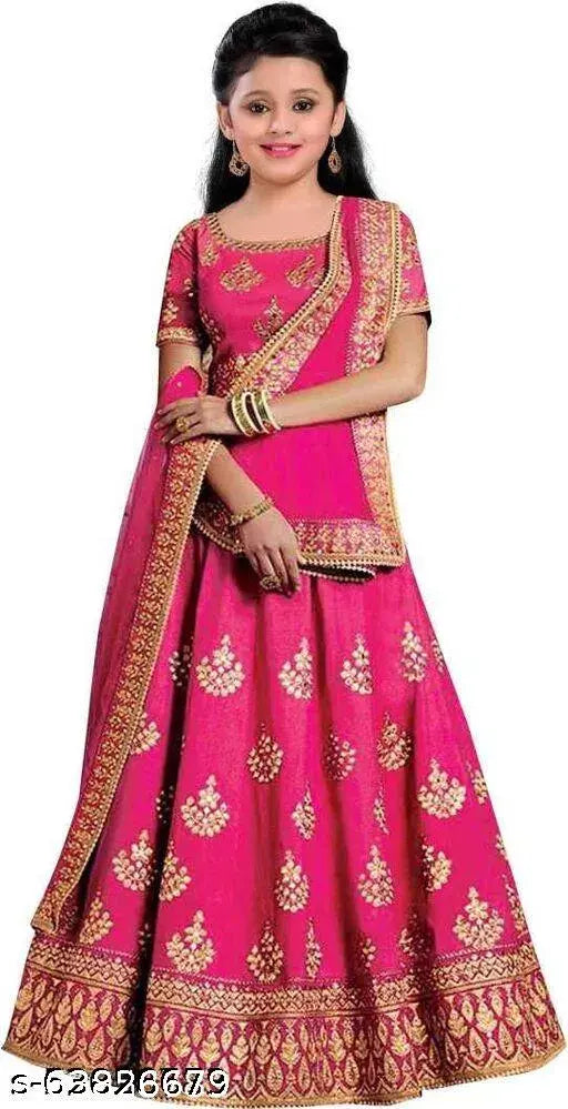 Girls Taffeta Silk embroidered ethnic wear Lehenga Choli - Indiangirls wedding attire, satin dupatta net short sleeves