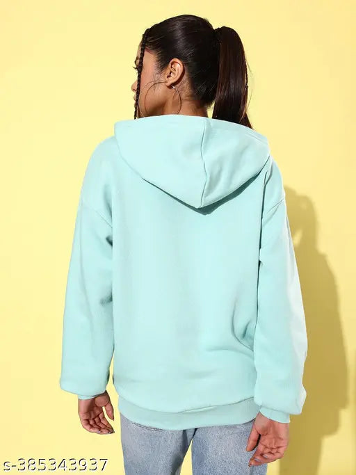 Turquoise blue oversized hoodie with typographic print on fleece, long sleeves, XS-XL sizes