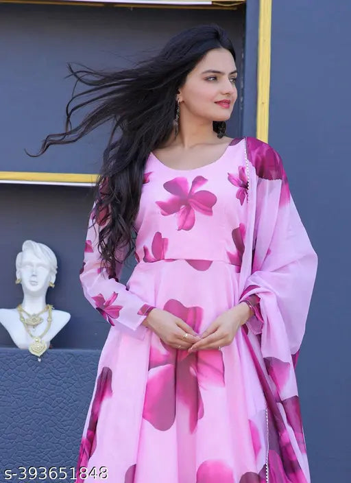 Long sleeves Dvd print georgette gown, floral printed dress with stylish dupatta