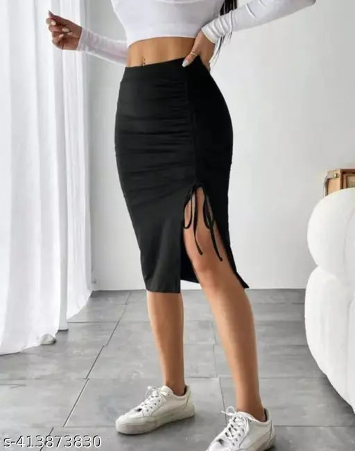 Fashionable black pencil skirt with slit