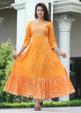 Orange rayon Anarkali Kurta with striped embroidered print, three-quarter sleeves, perfect for Indian festive wear
