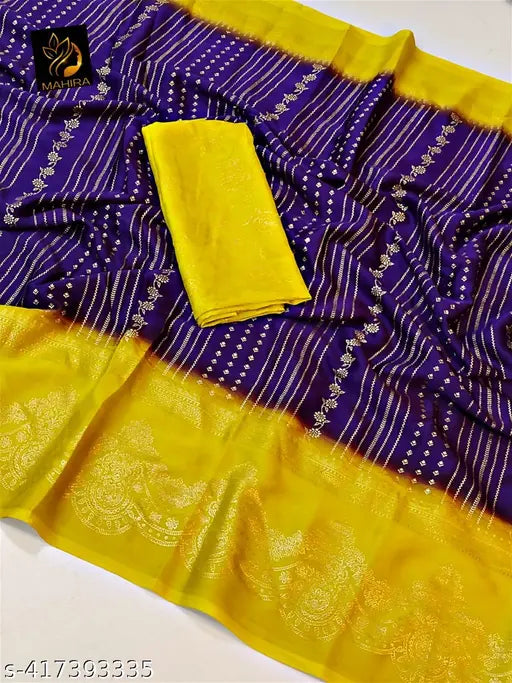 Yellow Georget saree with foil gold prints and bordered in a contrasting color