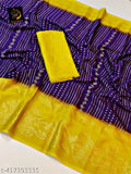 Yellow Georget saree with foil gold prints and bordered in a contrasting color