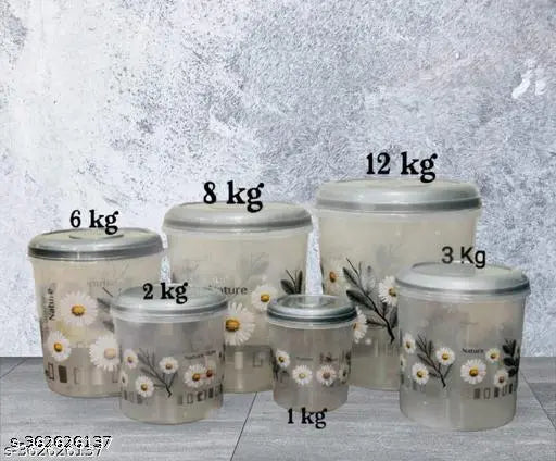 Set of 6 stackable plastic grocery containers with lids, in grey, available in various sizes including 1000ml, 2000ml, 3000ml, 6000ml, 8000ml and 12000ml