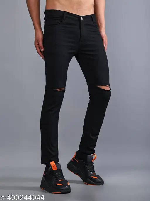 Black stretchable mid-rise denim jeans for men, solid black knee cut design, perfect fit for size 28, 30, or 32