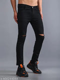 Black stretchable mid-rise denim jeans for men - Solid black knee cut design, perfect for a modern fit