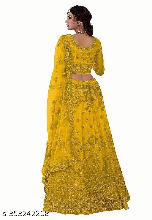 yellow embroidered net lehenga choli and dupatta set for party wear, semi-stitched with waist size 42in and length size 43in