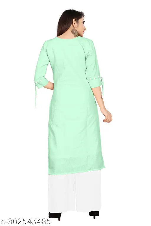 Cotton and rayon Myra Voguish women's kurta set with palazzo bottoms, solid net pattern, three-quarter sleeves. Indian ethnic wear in sizes S, M, L, XL, XXL