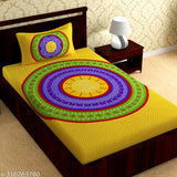 Fine cotton ethnic motif flat sheets set, yellow Lehariya print for adult summer use, ideal for beds and one pillow cover, from eTape's Indian collection