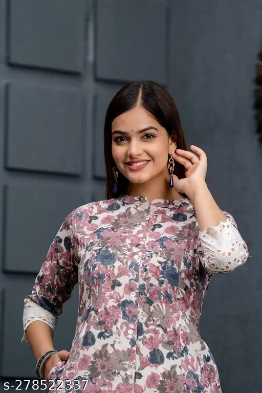 NFH floral print Aline kurti, cotton three-quarter sleeve, Indian designer, crocheted scalloped lace sleeves