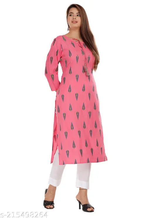 Rayon printed three-quarter sleeve classic kurti for party wear, affordable and stylish Indian fashion on mannequin