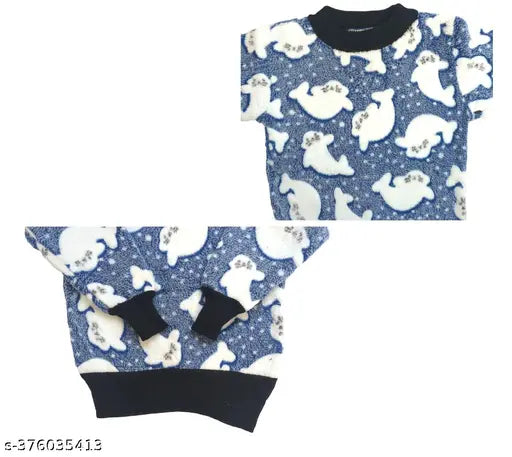 Blue acrylic knit sweater for kids with dolphin design, warm and stylish all-over print round neck sweater for both girl and boy