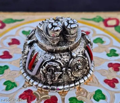 Metal Venkateswara Shanku Chakra Namam showpiece for pooja room & car dashboard, Indian-made Balaji Charan decorative item, dimensions: 6cm x 6.5cm x 6cm