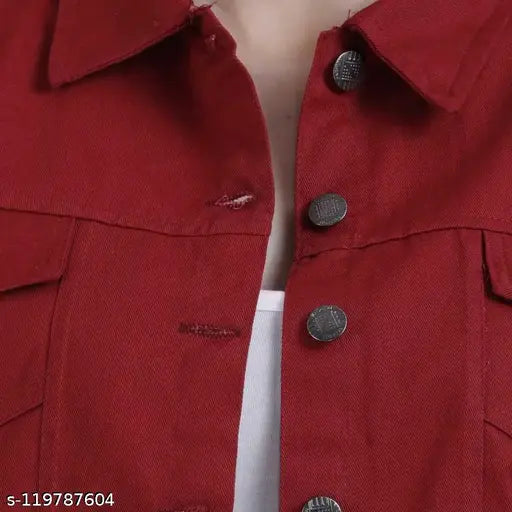 New denim tule cotton jacket for women, full sleeve, solid color, size S-XL. Denim spread collar, chest pockets, buttoned cuffs, straight hem