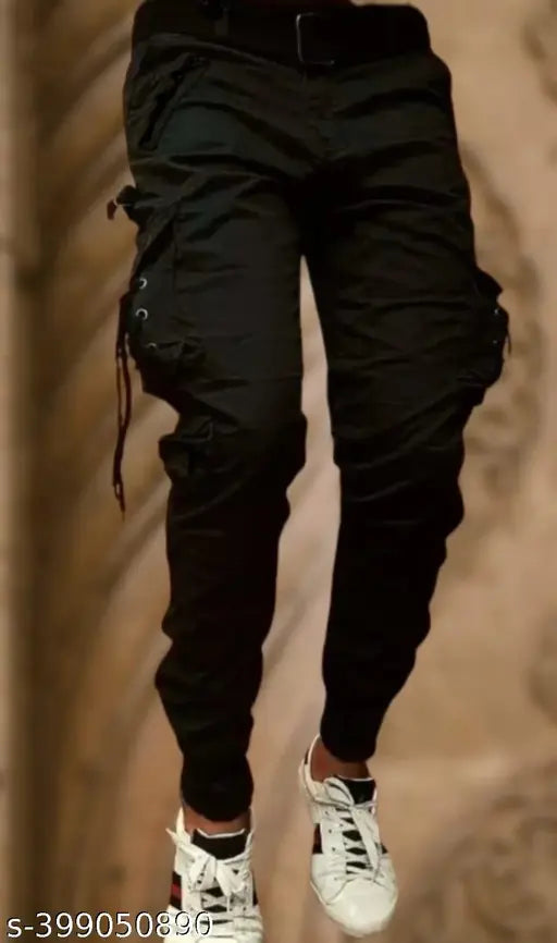 Black cotton blend cargo jeans by Flaying Men FJOK, size 28/30/32/34 with a length of 41 inches and hip measurements as described