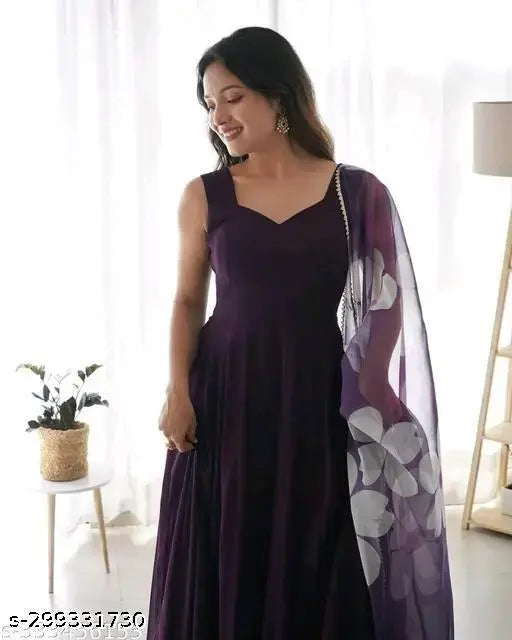 Purple georgette embroidered dupatta, floor length with long sleeves