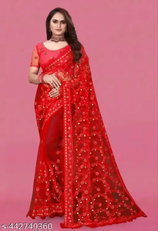 New Look New Styli Fancy Work Net Embroidered Saree - Indian handloom, free size (L=5.5m, B=0.9m)