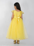 Yellow net party gown dress for girls with embellished toy balloon pattern, short sleeves, full length. Size options: 1-2 years (bust 22in, length 28in), 2-3 years (bust 23in, length 30in), 3-4 years (bust 24in, length 31in). Made in India