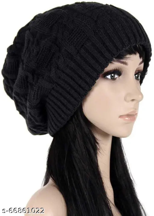 Women's Winter Woolen Beanie Cap with Gentle Fur Inside Slouchy Black Color