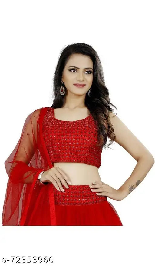 Red sequined embellished semi-stitched Lehenga Choli on mannequin, Indian traditional wear with satin choli, net dupatta, and lace details
