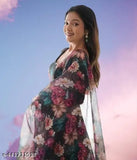 Vrunda Black Georgette gown with printed net, long sleeves, Indian-inspired design